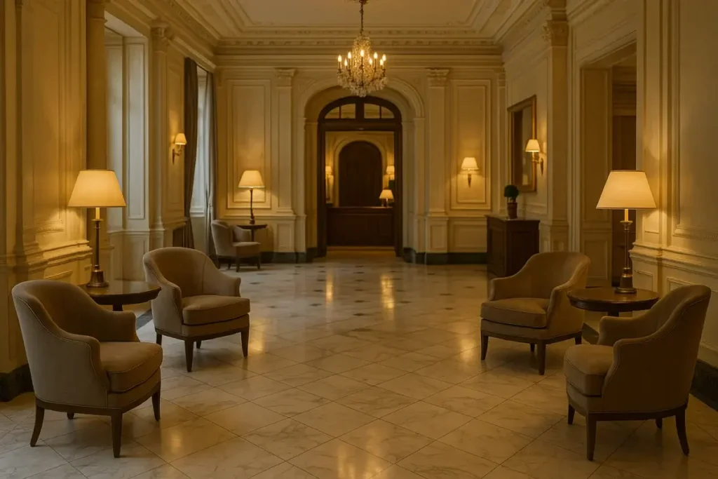 Hall d'hôtel de luxe parisien avec sol en marbre et moulures dorées