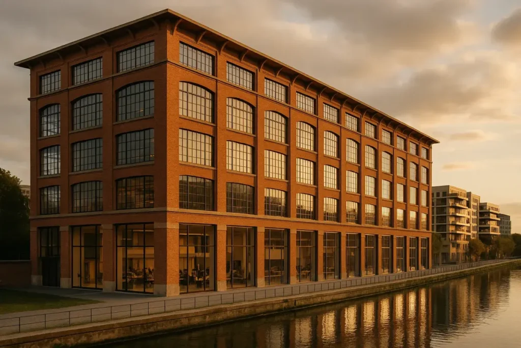 Immeuble de bureaux industriel reconverti au bord d'un canal urbain