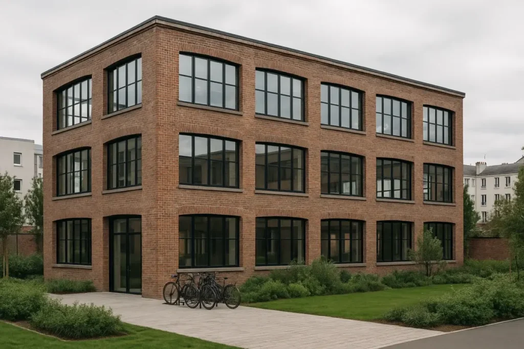 Immeuble de bureaux réhabilité dans un quartier urbain en transformation