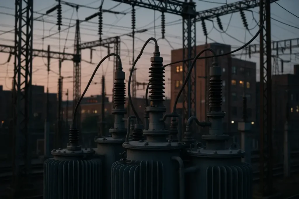 Infrastructure électrique haute tension au crépuscule en zone industrielle