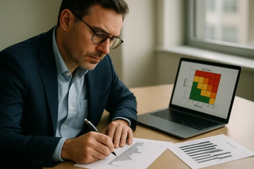 Investisseur analysant des rapports de risques financiers sur papier et écran