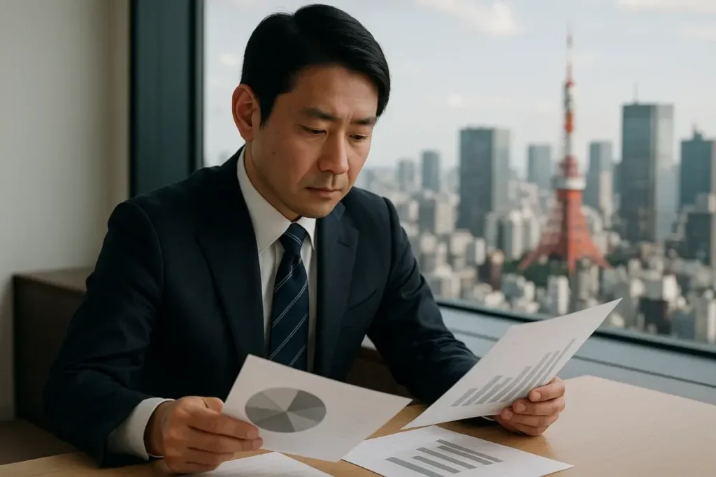 Investisseur institutionnel japonais analysant une réallocation de portefeuille en bureau
