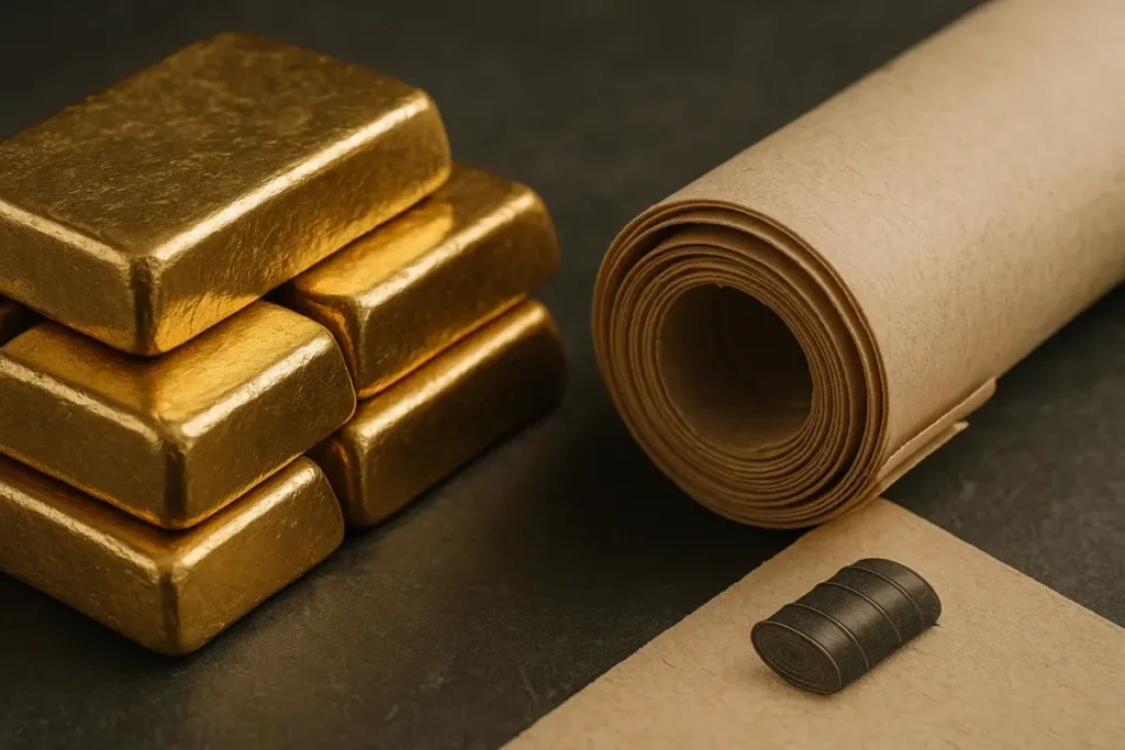 Lingots d'or et documents sur matières premières posés sur ardoise