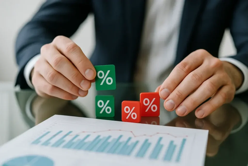 Mains d'analyste classant des indicateurs de performance financière sur un bureau