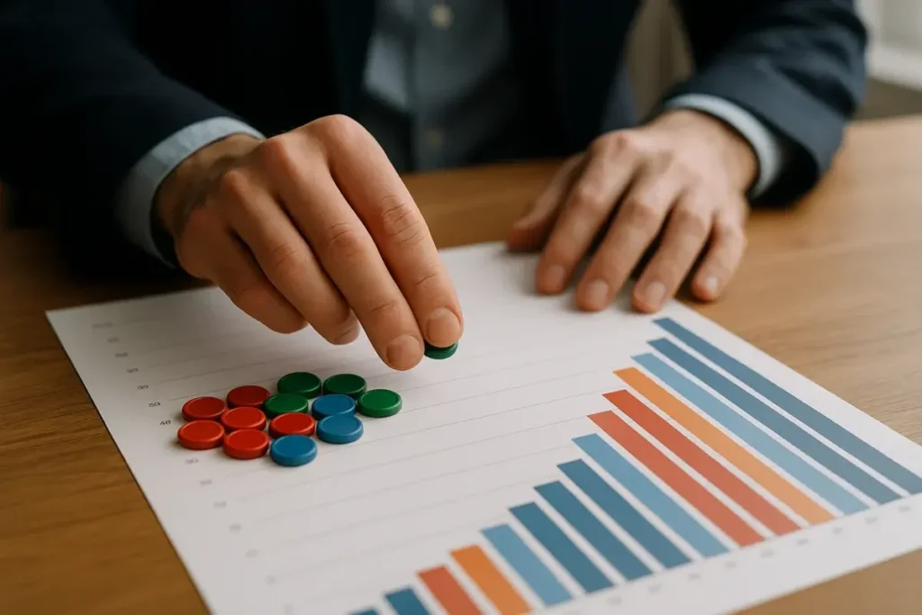 Mains d'analyste positionnant des jetons sur un graphique en barres illustrant la concentration