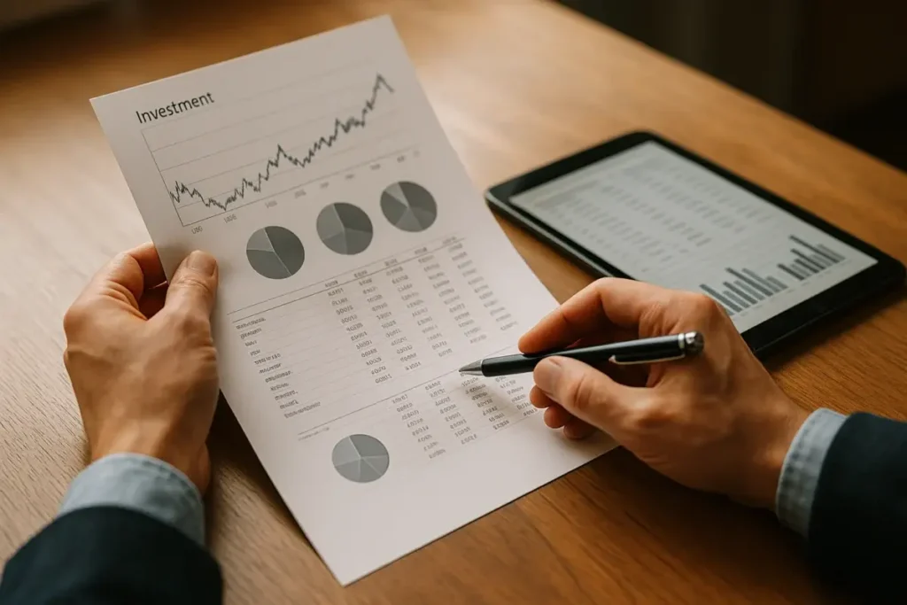 Mains d'un professionnel analysant des documents de frais de fonds