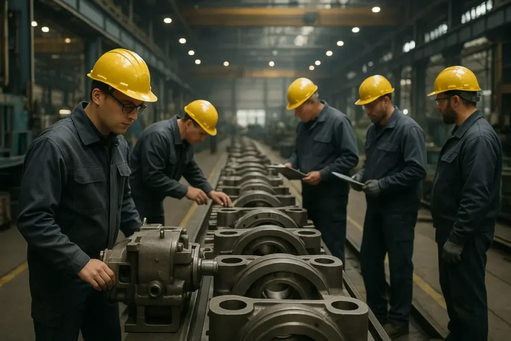 Ouvriers inspectant des machines dans une usine allemande
