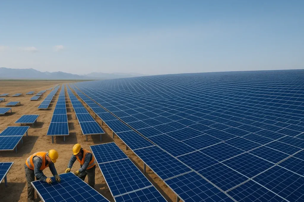 Ouvriers installant des panneaux solaires sur un immense parc chinois