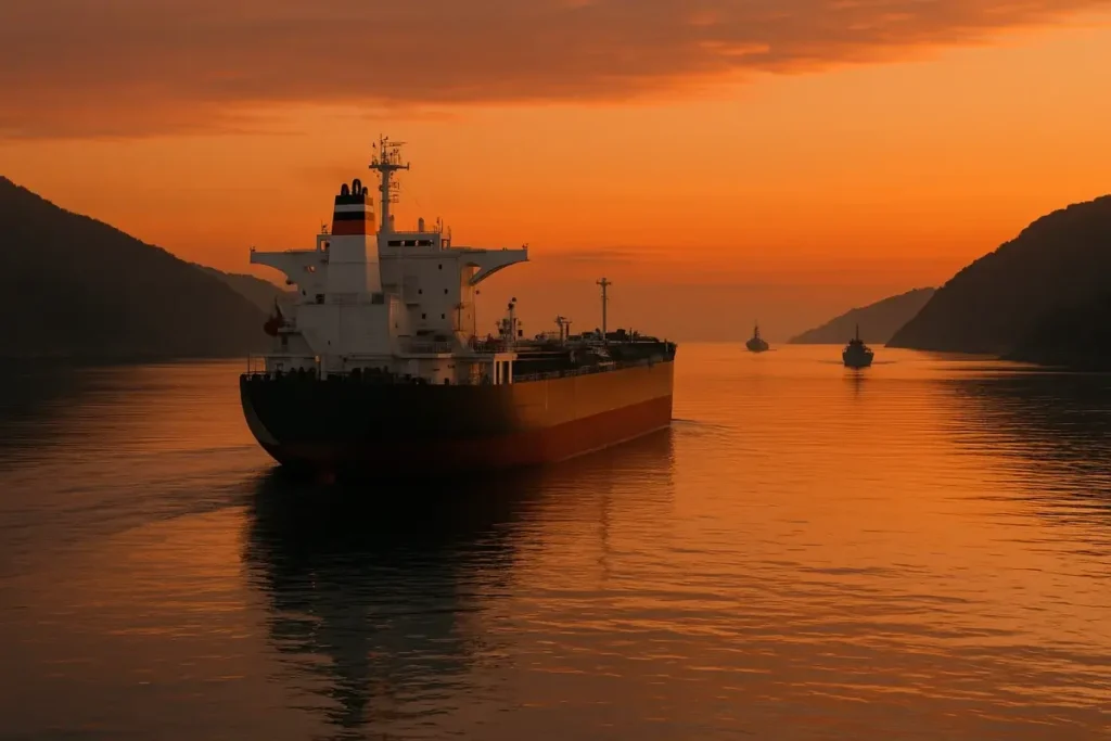 Pétrolier traversant un détroit étroit sous surveillance militaire