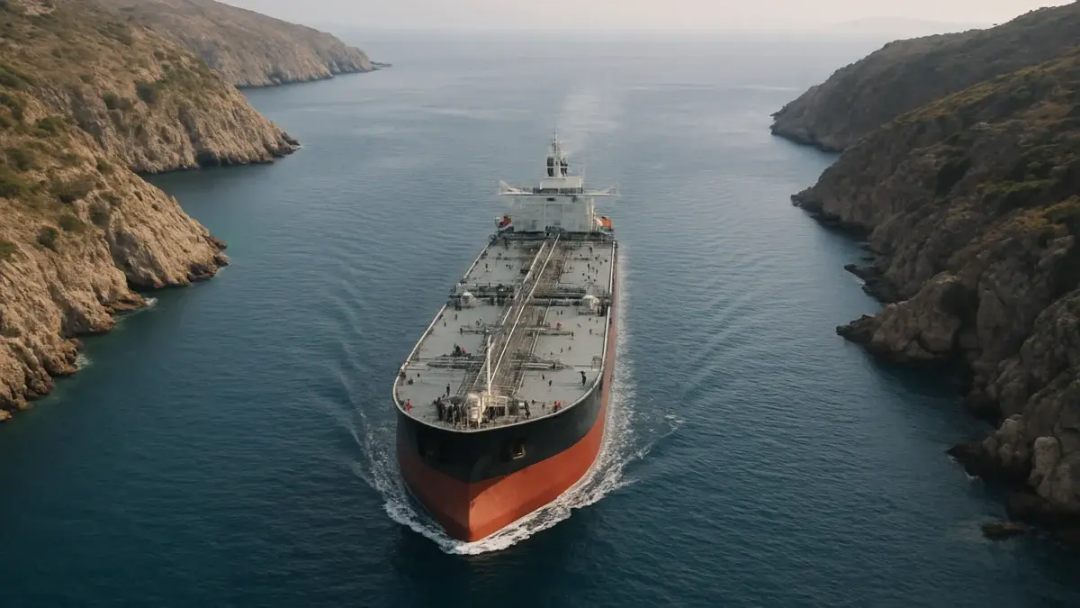 Pétrolier traversant un détroit maritime stratégique entre deux côtes