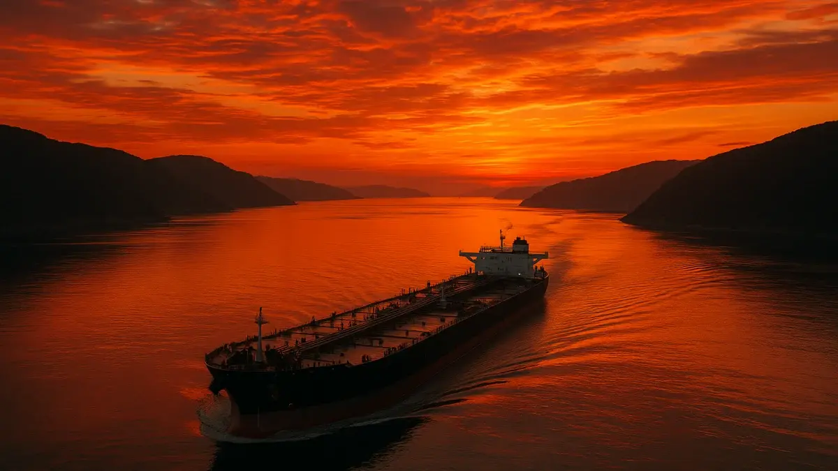 Pétrolier traversant un détroit stratégique au coucher du soleil