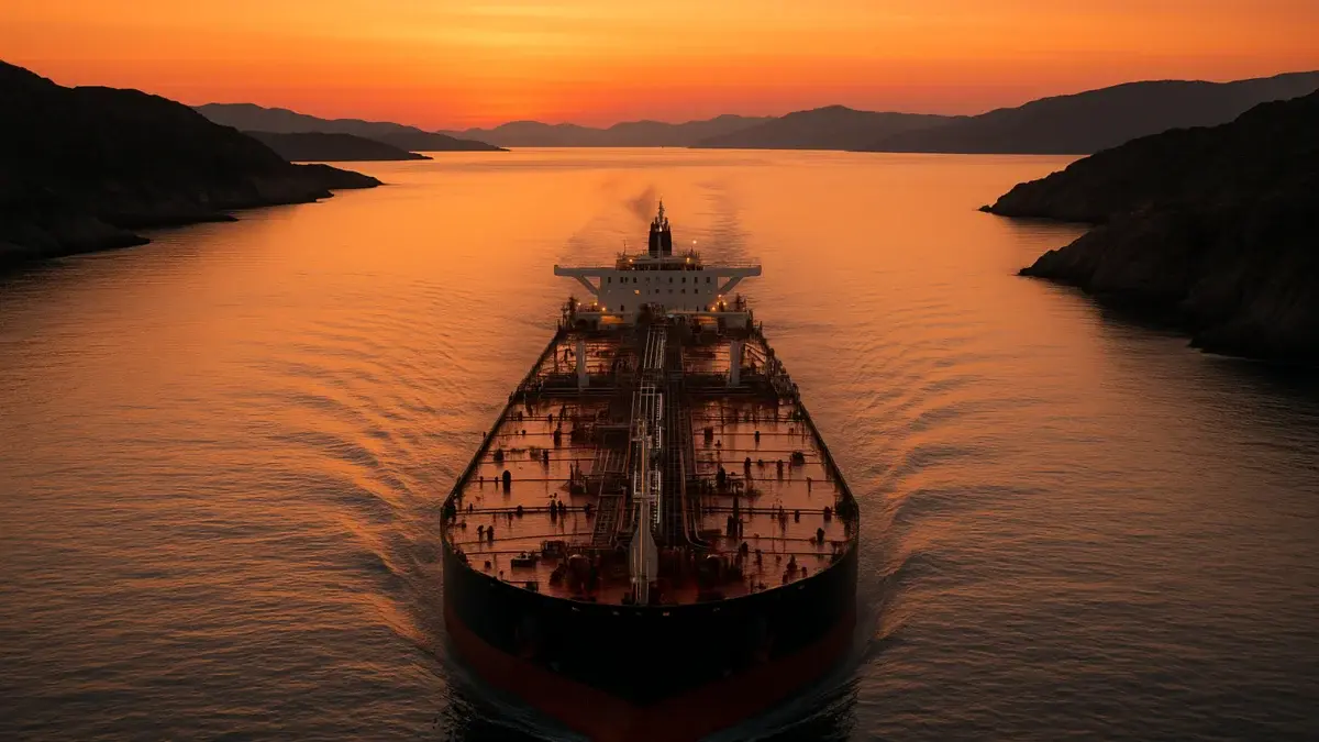 Pétrolier traversant un détroit stratégique au coucher du soleil