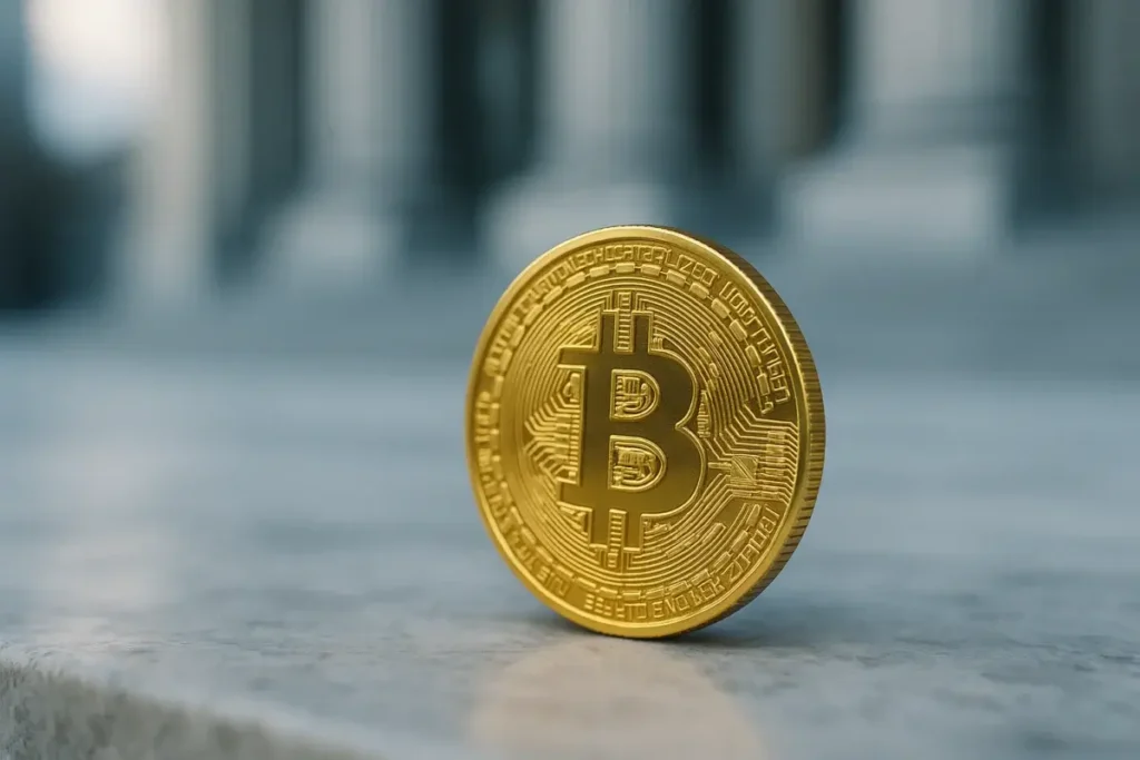Pièce Bitcoin dorée devant un bâtiment institutionnel en arrière-plan flou