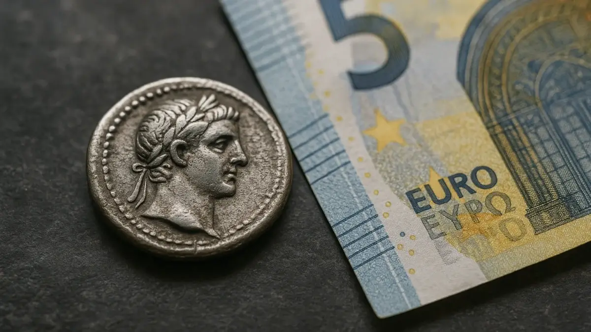 Pièce d'argent antique et billet euro sur pierre sombre