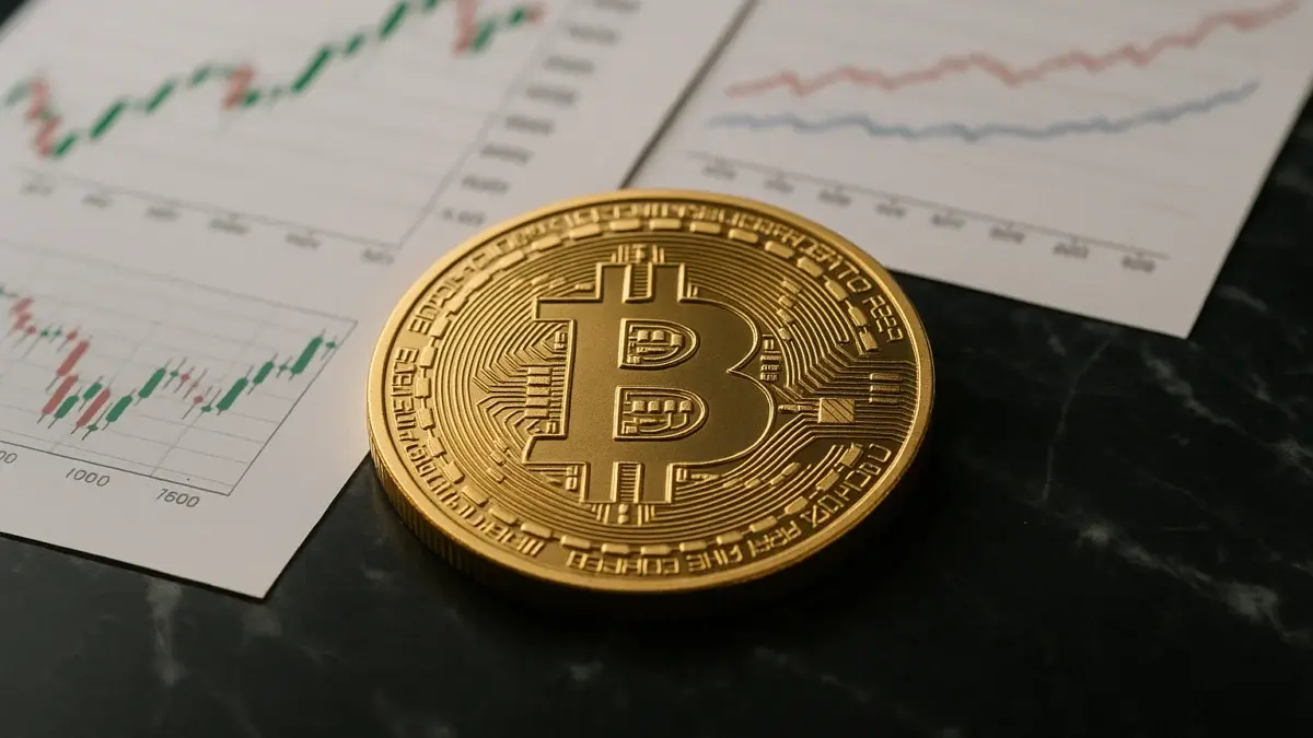 Pièce symbolisant le bitcoin posée sur des graphiques financiers imprimés