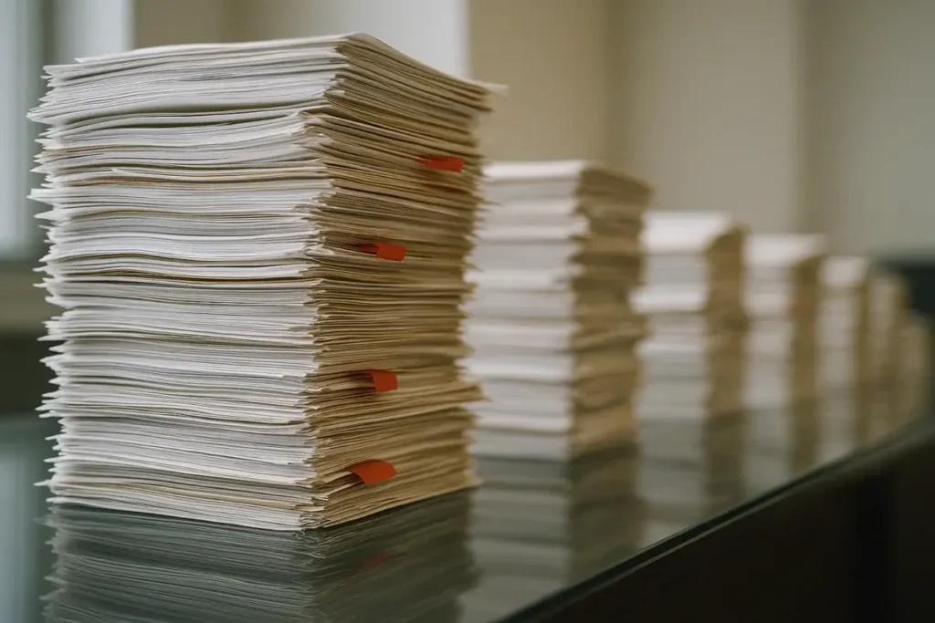 Pile de dossiers en attente avec onglets rouges sur un bureau en verre