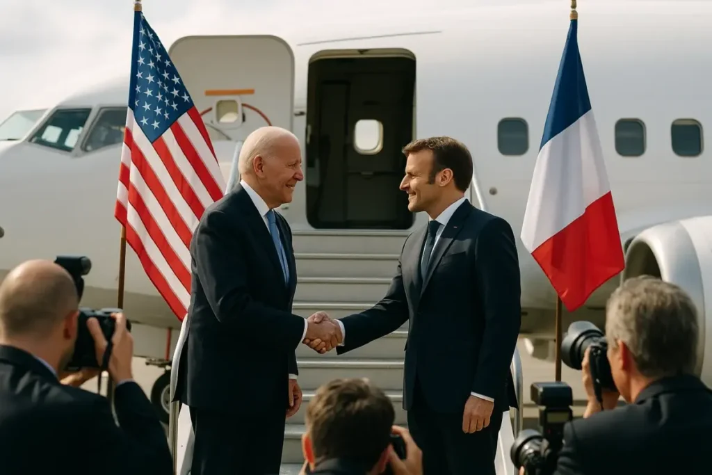 Poignée de main diplomatique au pied d'un avion officiel