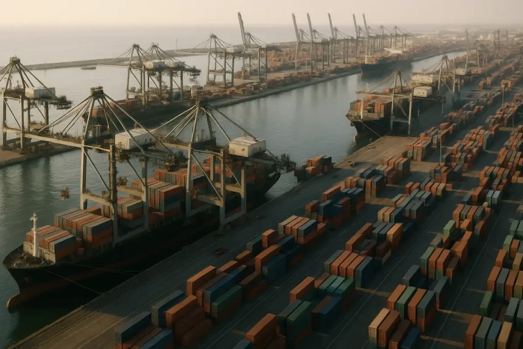 Port de commerce international avec porte-conteneurs et grues industrielles