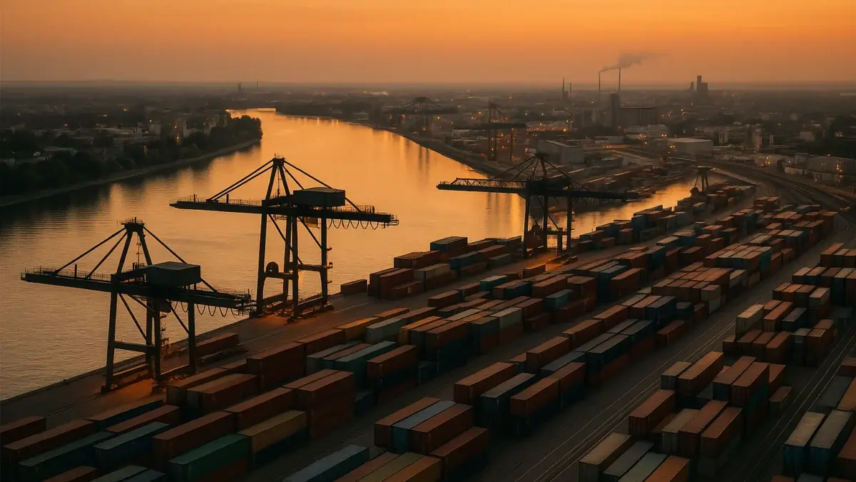 Port industriel allemand au bord du Rhin au crépuscule