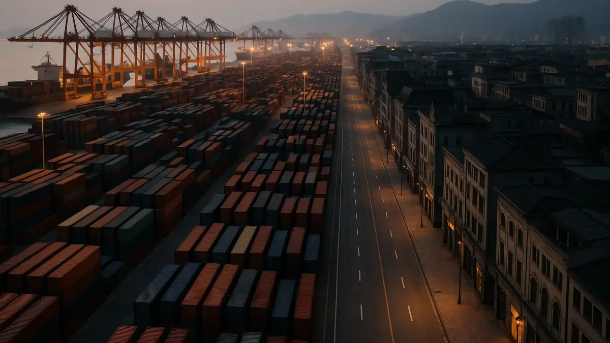 Port industriel chinois actif face à un quartier commercial désert