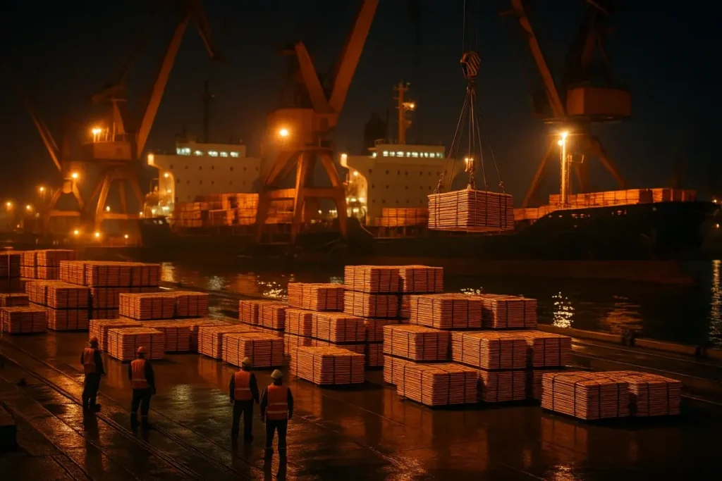 Port industriel nocturne chargé de cathodes de cuivre brillantes
