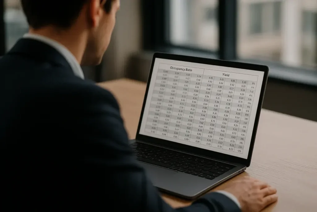 Professionnel analysant des indicateurs de taux d'occupation et de rendement sur écran