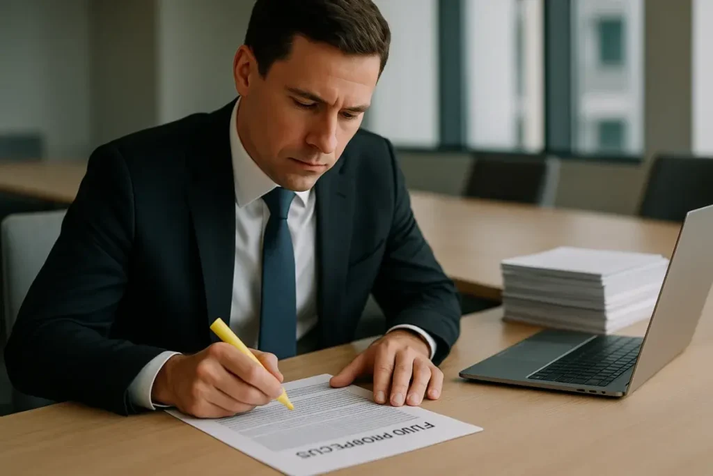 Professionnel analysant un prospectus de fonds d'investissement européen