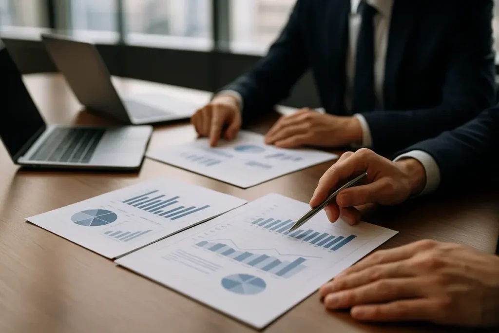 Professionnels en réunion analysant des documents de gouvernance d'entreprise
