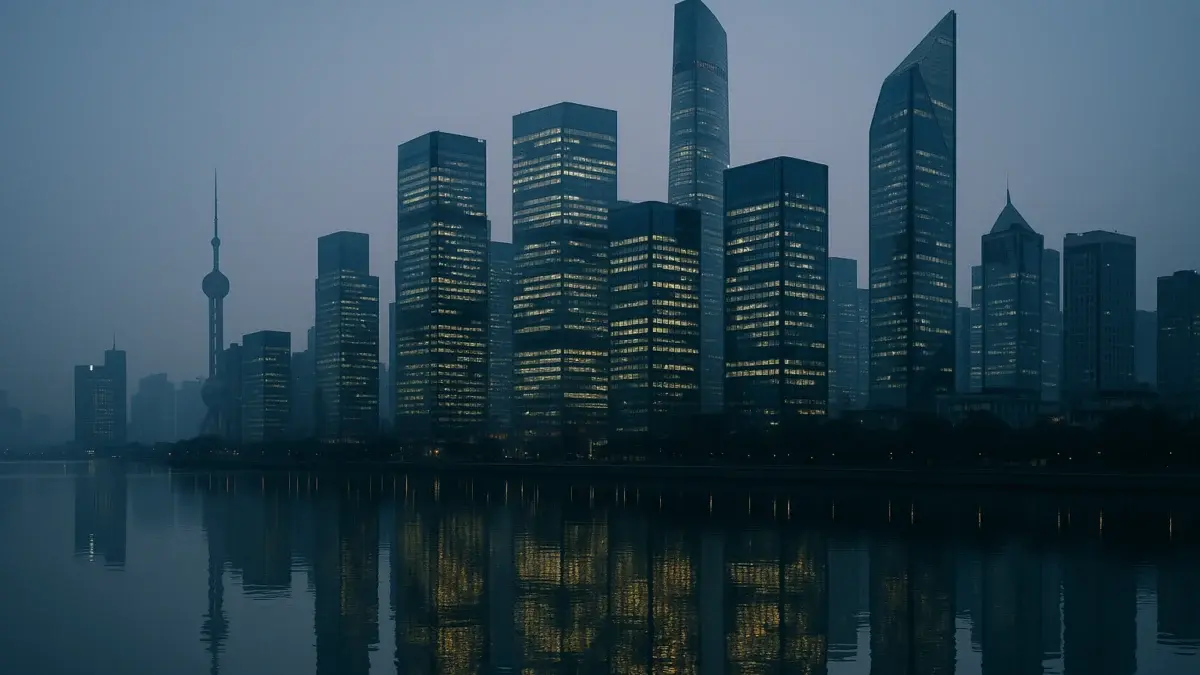 Quartier financier asiatique à l'aube avec reflets sur un fleuve