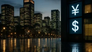 Quartier financier de Tokyo au crépuscule avec affichage de taux de change yen dollar