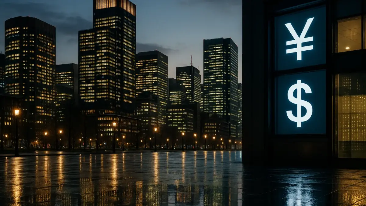 Quartier financier de Tokyo au crépuscule avec affichage de taux de change yen dollar