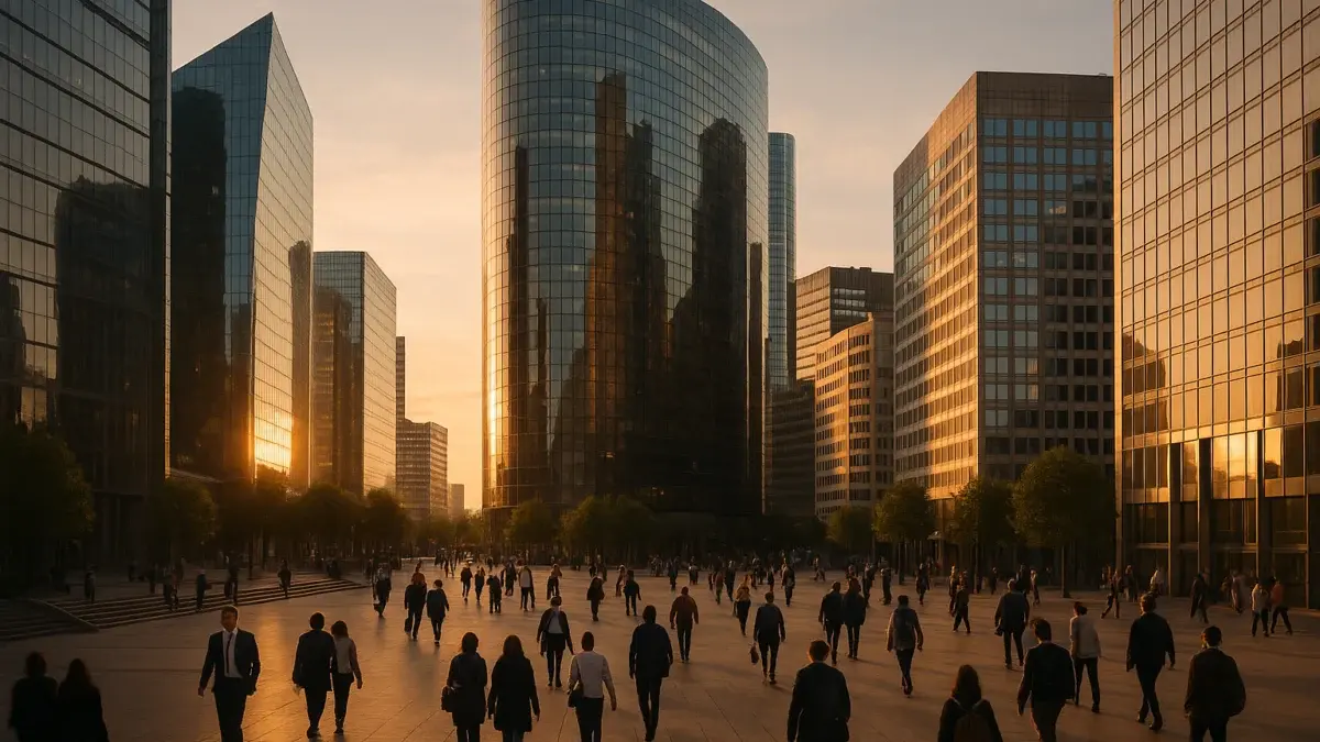 Quartier financier européen moderne au coucher du soleil