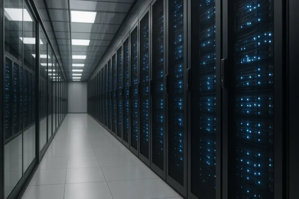 Rangée de serveurs dans un couloir de datacenter aux lumières bleues