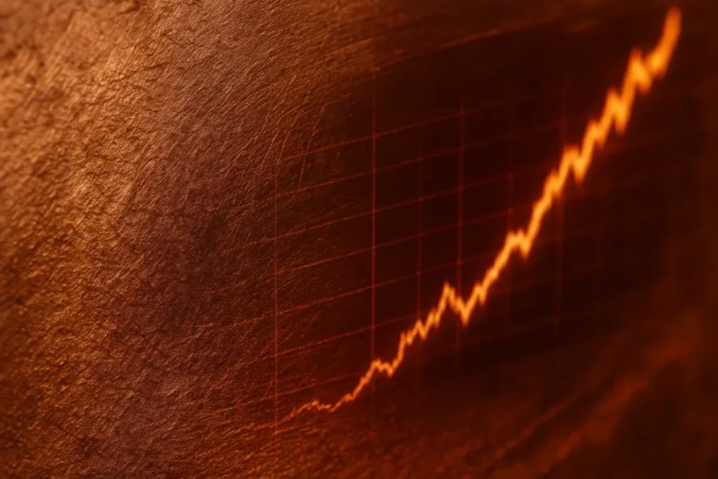 Reflet d'une courbe de prix ascendante sur une cathode de cuivre