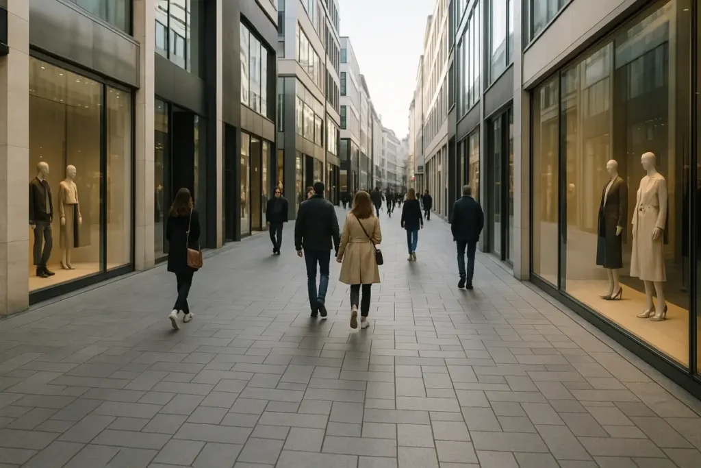 Rue commerçante européenne moderne avec vitrines et façades en verre