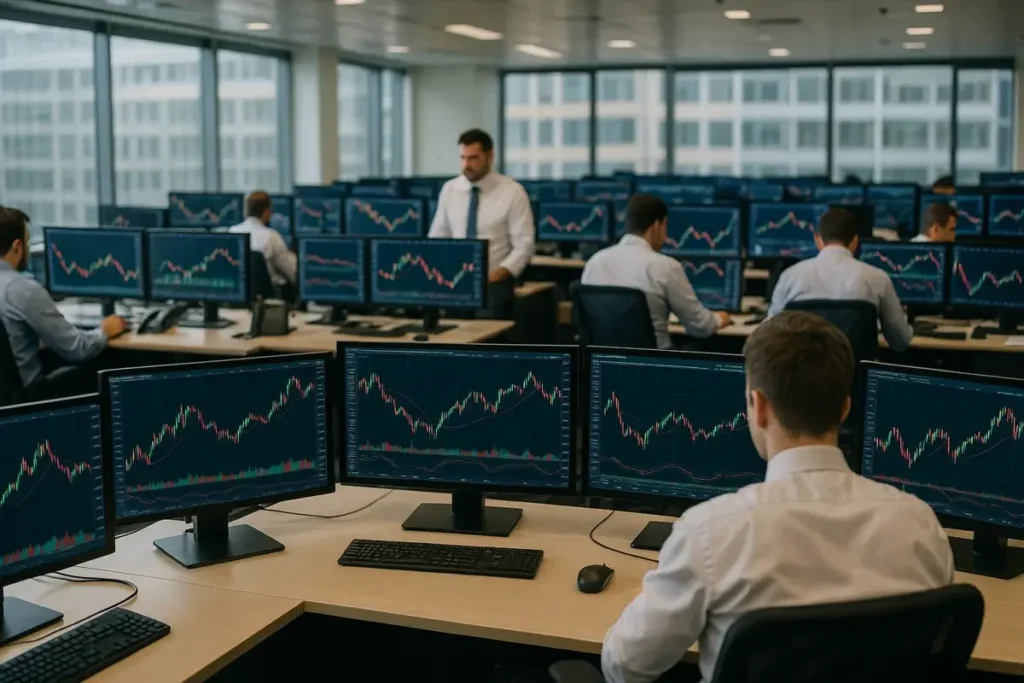 Salle de marchés avec écrans affichant des courbes de prix financières