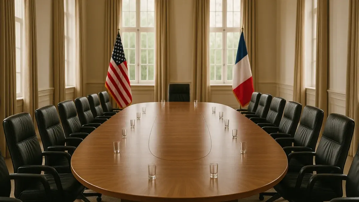 Salle de négociation diplomatique avec drapeaux face à face