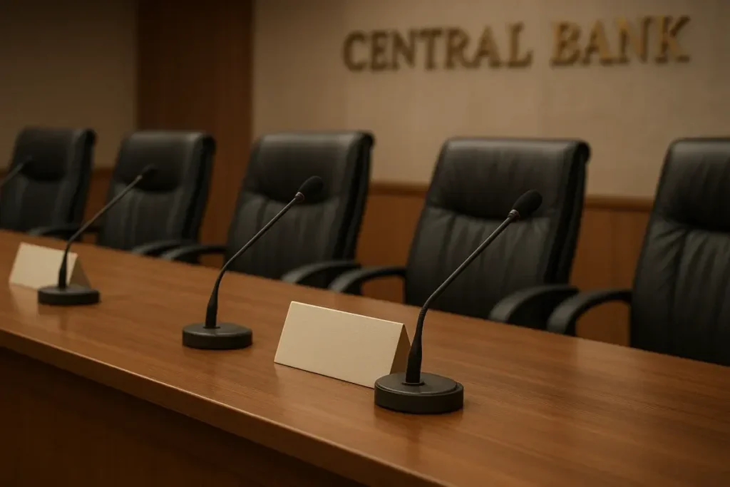 Salle de réunion d'un conseil de politique monétaire, chaises vides