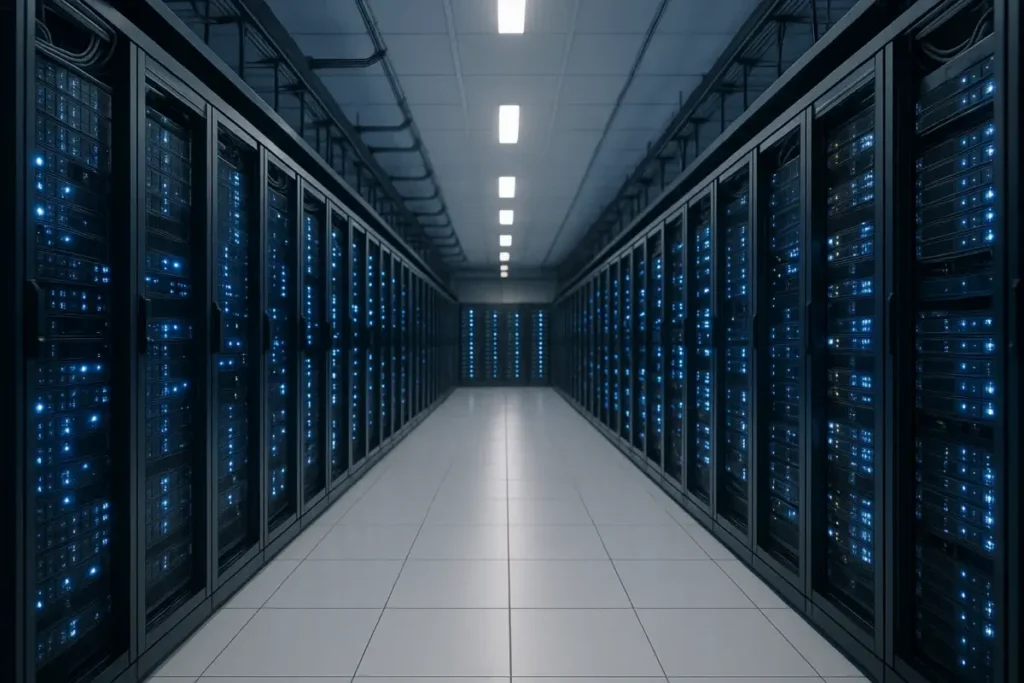 Salle de serveurs d'infrastructure numérique avec rangées de racks lumineux