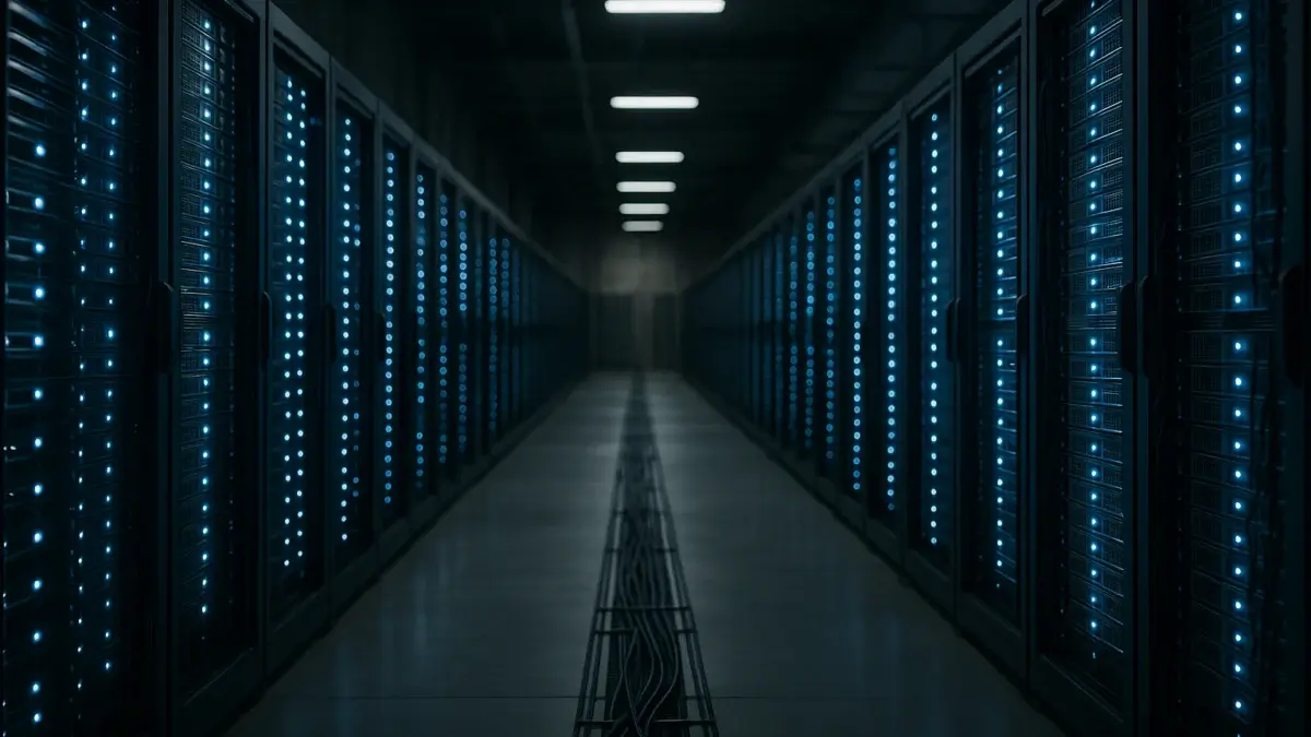 Salle de serveurs éclairée en bleu avec rangées de racks informatiques