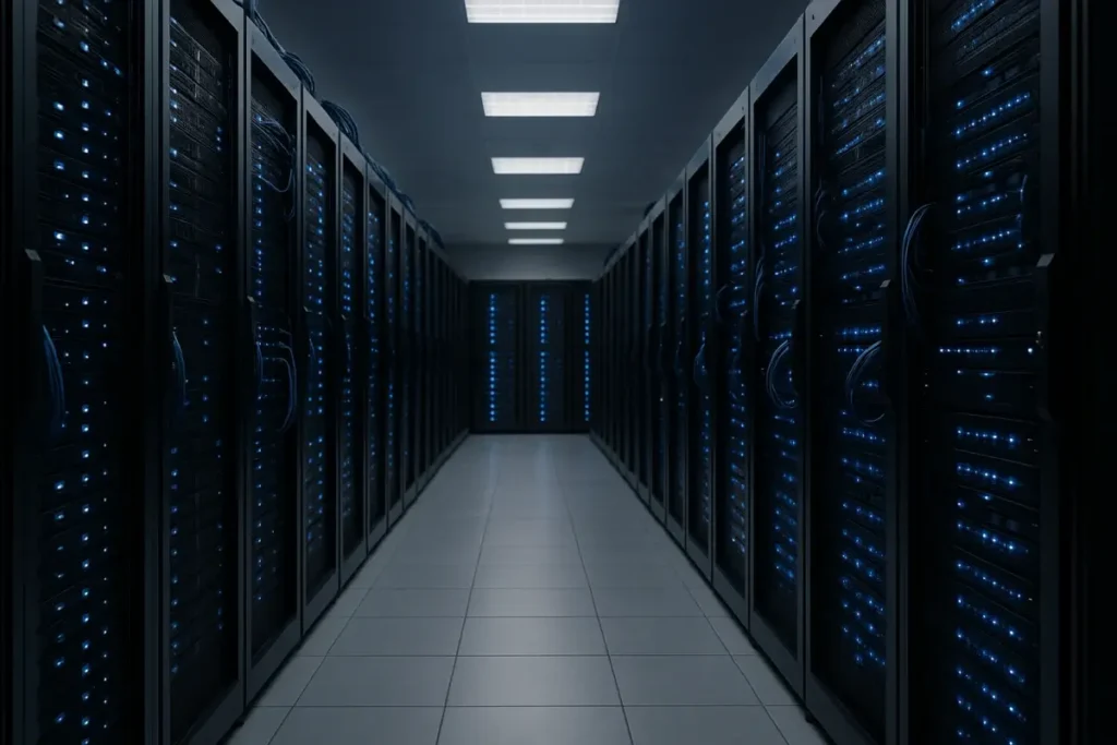 Salle de serveurs illustrant l'infrastructure des investissements en intelligence artificielle
