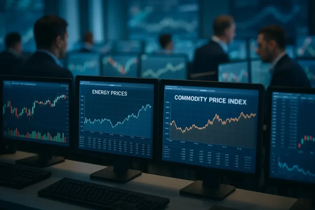 Salle de trading européenne avec indices de prix de l'énergie sur écrans
