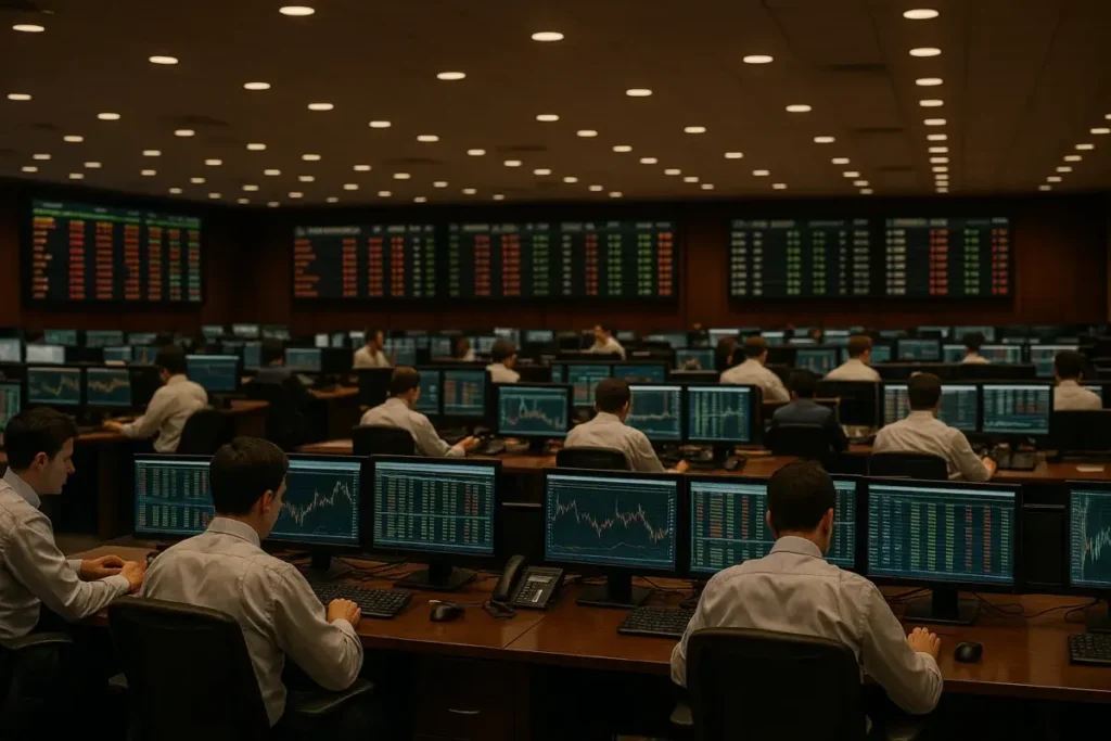 Salle de trading macro global avec écrans de cours matières premières et devises