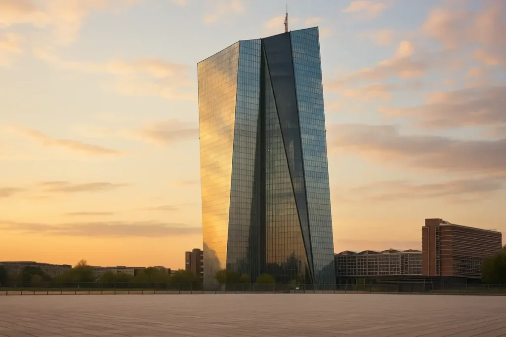 Siège de la BCE à Francfort sous un ciel de fin de journée