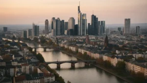 Skyline européen mêlant immeubles de bureaux et résidentiels au crépuscule