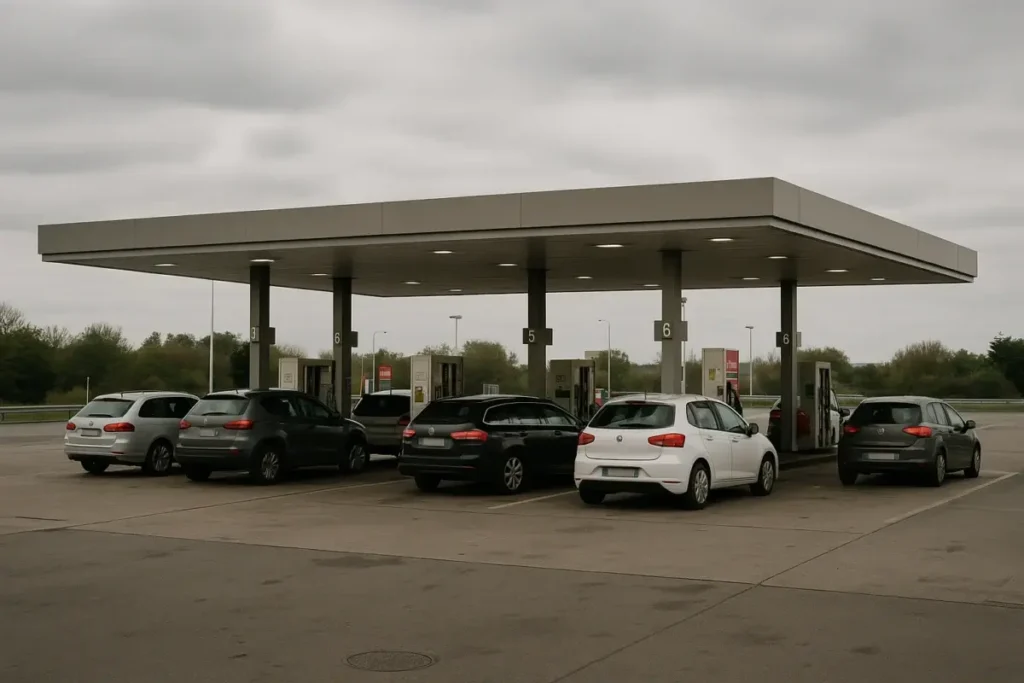 Station-service française avec file de véhicules devant les pompes