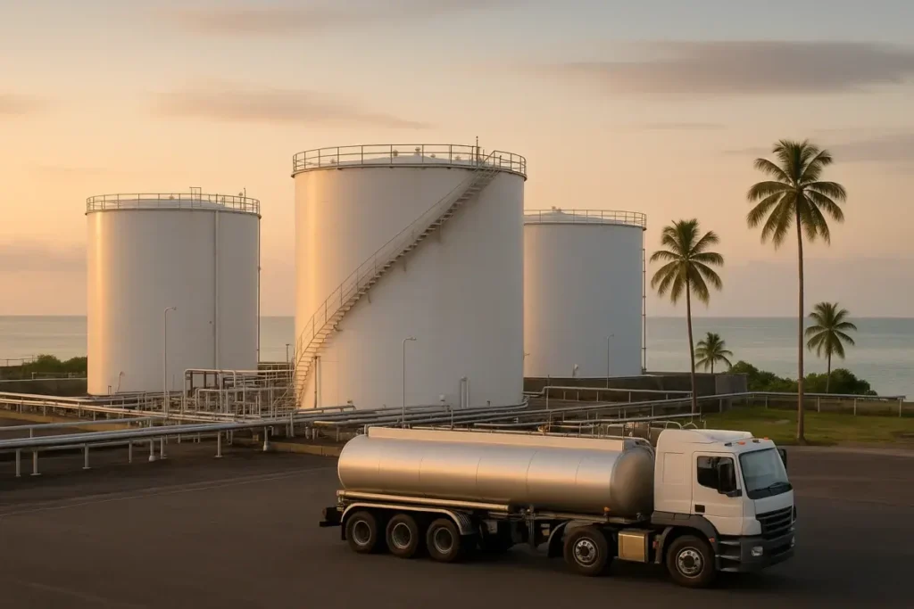 Terminal de distribution pétrolière dans un port caribéen à l'aube