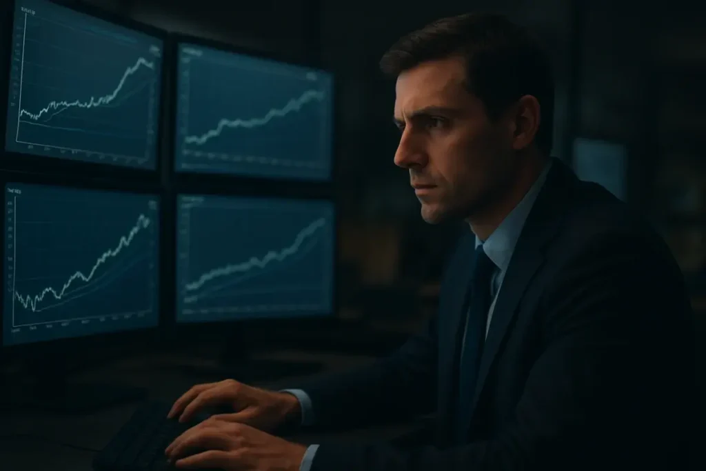 Trader analysant des courbes de taux obligataires sur plusieurs écrans