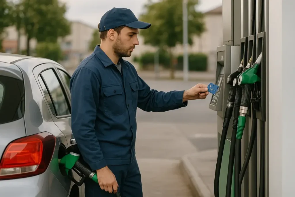 Travailleur qui règle son plein de carburant à une station libre-service