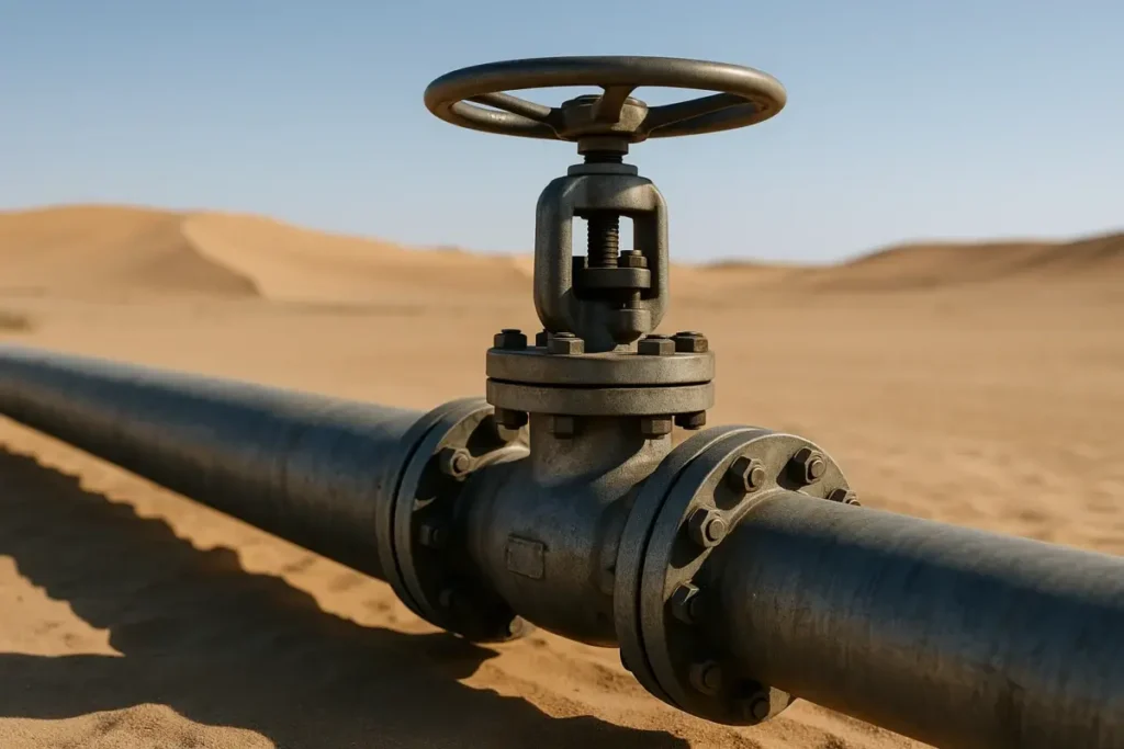 Vanne de pipeline pétrolier dans un paysage désertique sous ciel bleu